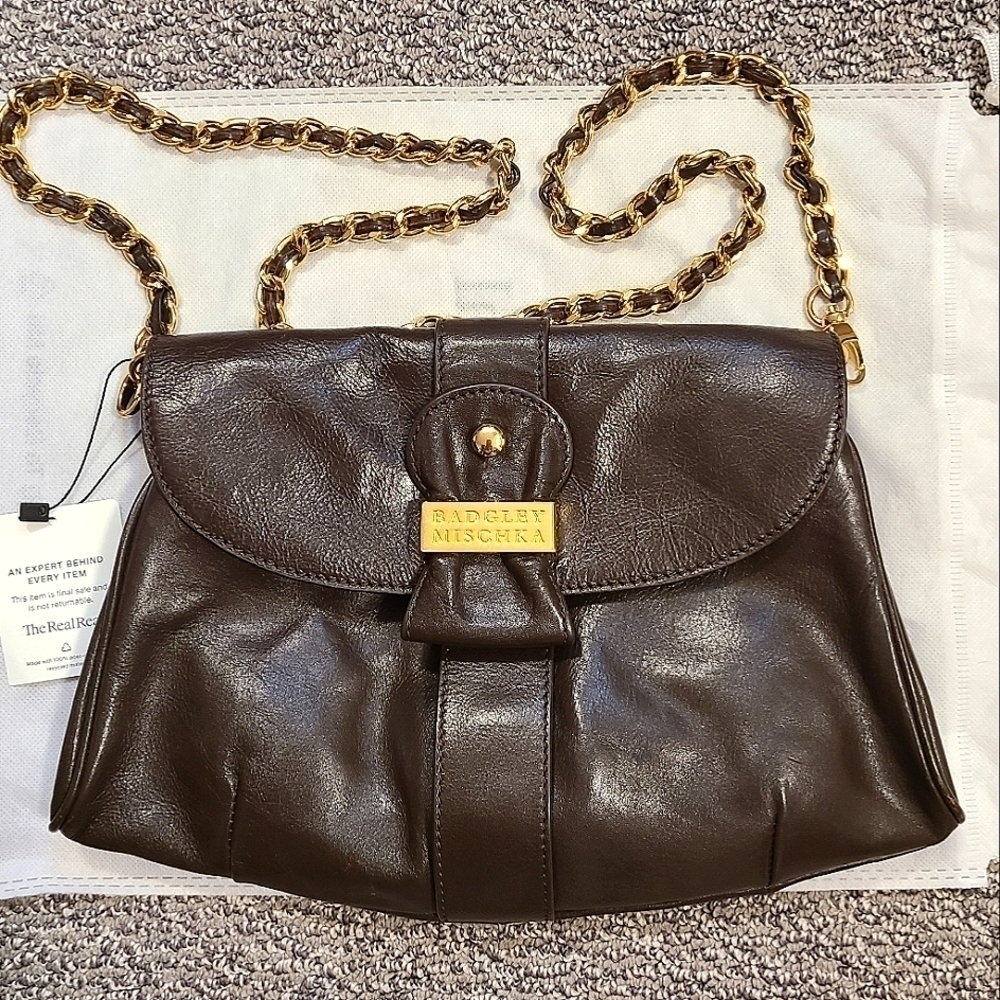 ⭐️BADGLEY MISCHKA DEEP BROWN LEATHER SHOULDER BAG GOLD CHAIN FLAP VINTAGE